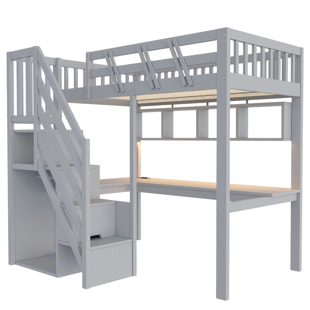 Letto a soppalco 90x200 cm con scala contenitore; scrivania; USB e LED; legno massello grigio