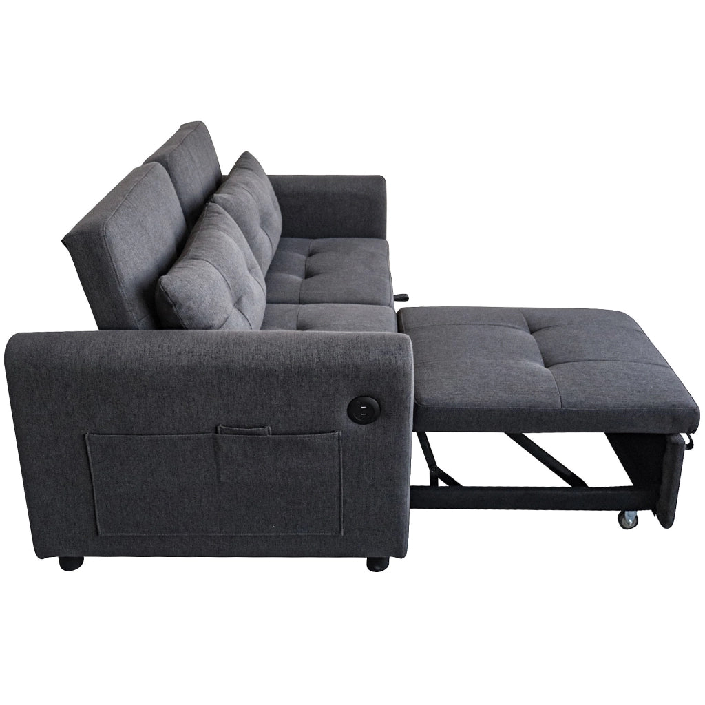 Divano letto 3-in-1 grigio con schienale reclinabile, porte USB e tasche laterali