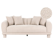 Divano a 3 posti in tessuto beige con cuscini decorativi extra e gambe rivestite stile retrò-moderno