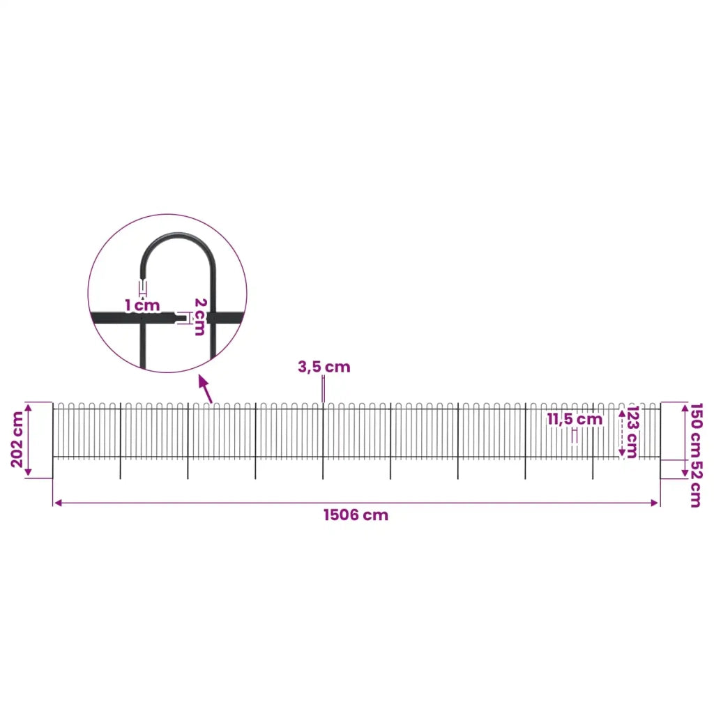 Recinzione da Giardino con Parte Superiore ad Anello in Acciaio 1506x150 cm Nero 277682