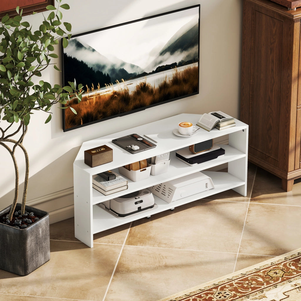 Mobile TV ad Angolo per 47" max con 2 Ripiani Aperti, in Legno, 110x36x45 cm, Bianco