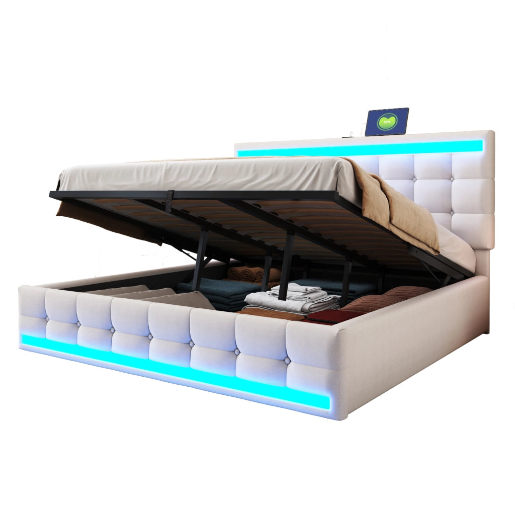 Letto imbottito LED con USB e testiera regolabile 180x200 cm; beige