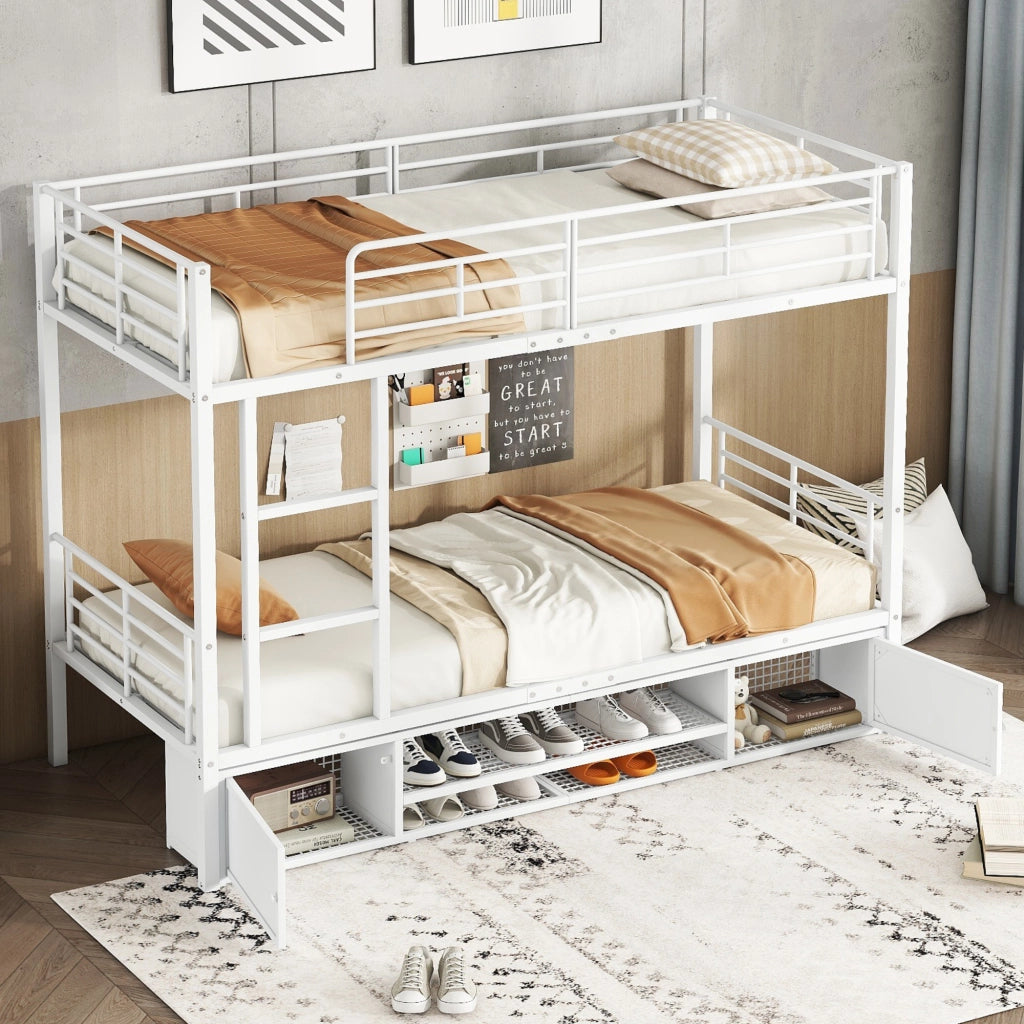 Letto a Castello 90×200 cm; Letto Singolo con Scala a 3 Gradini; Scarpiera e 2 Ante; senza Materasso