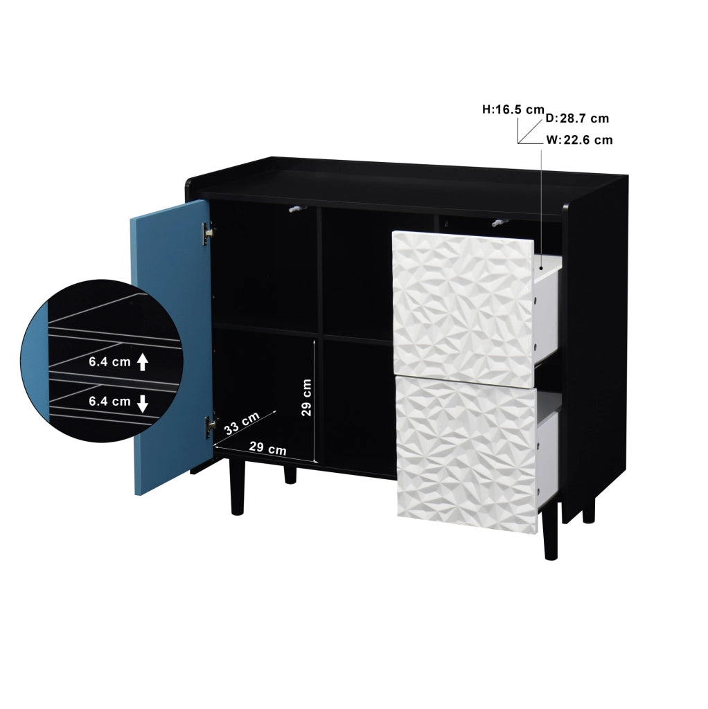 Credenza buffet con 2 cassetti e vani aperti; 90 cm; in MDF nero e blu
