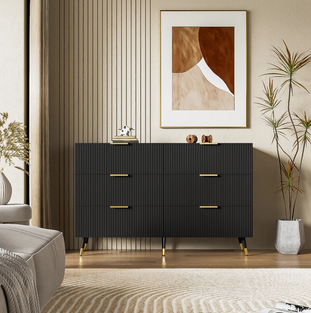 Sideboard in legno nero con finiture oro, 120x77x40 cm, 6 cassetti, design moderno