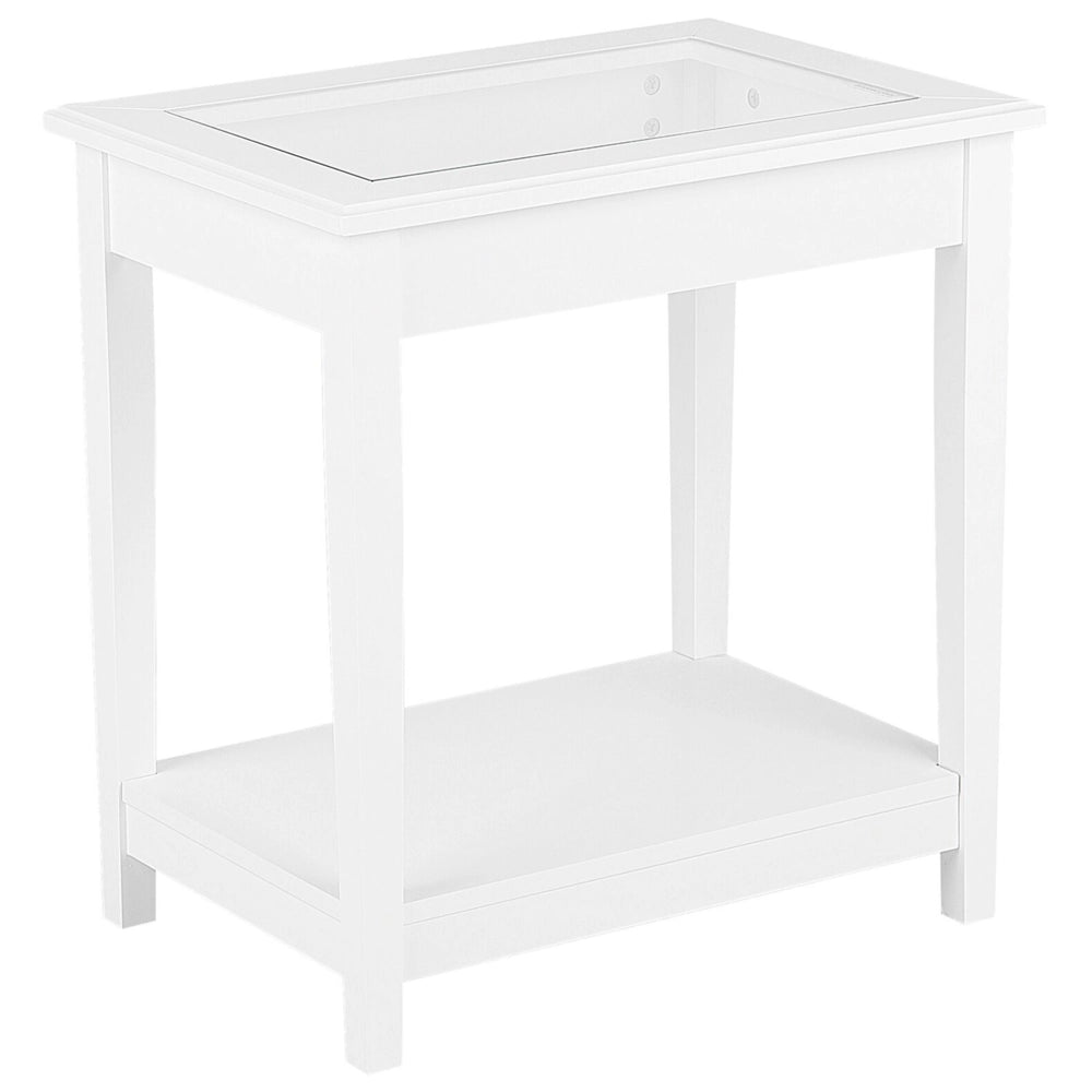Tavolino in MDF bianco 60 x 57 x 40 cm con piano in vetro Comodino con un ripiano