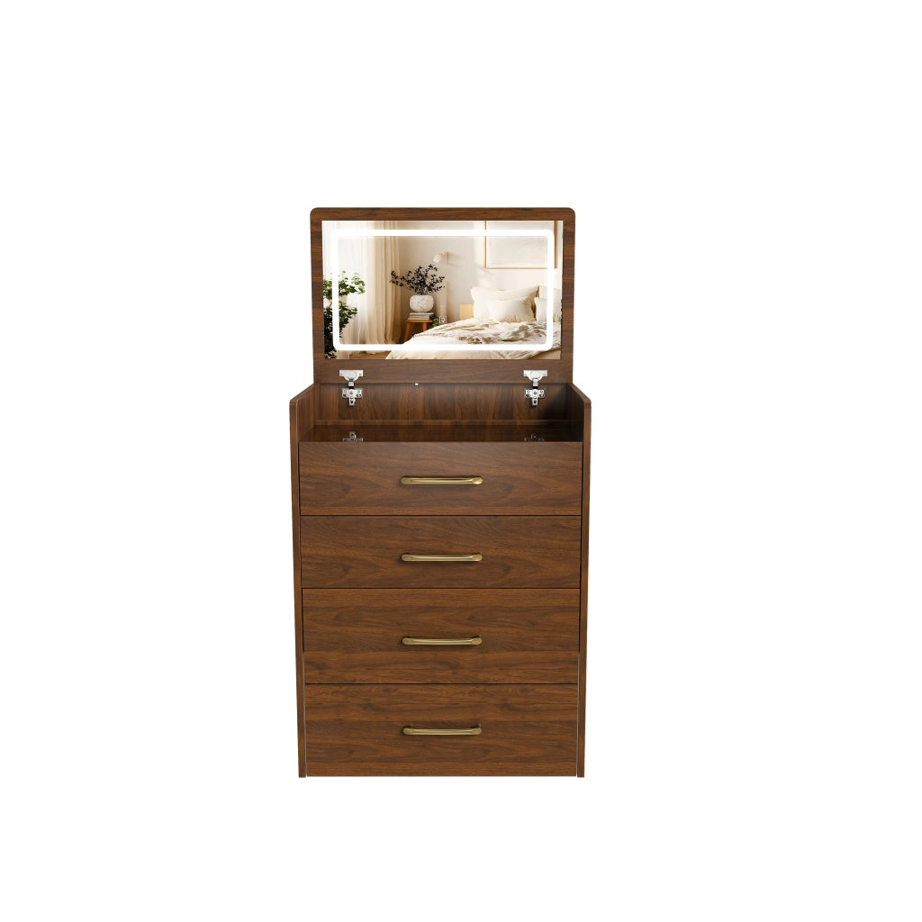 Toeletta con specchio apribile; 3 cassetti; vano contenitore e sgabello; per camera da letto; in MDF; noce; 60×40×118 cm