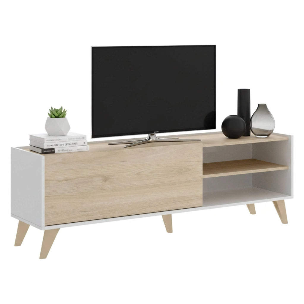 Mobile porta TV Allesia, Credenza bassa da soggiorno, Madia da salotto per televisione, 155x43h47 cm, Rovere e Bianco