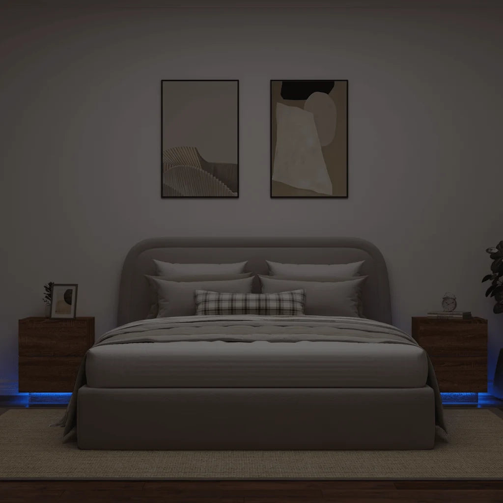 Set di 2 Comodini | Armadio da Notte | Mobiletto da notte con Luci LED Rovere Marrone in Legno Multistrato