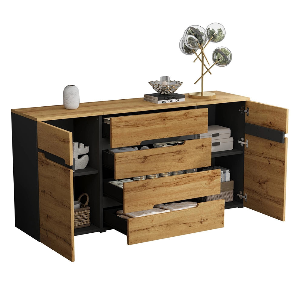 Credenza Soggiorno 160x40x80cm - Xylo - 2 Ante e 4 Cassetti, Colore Legno e Nero