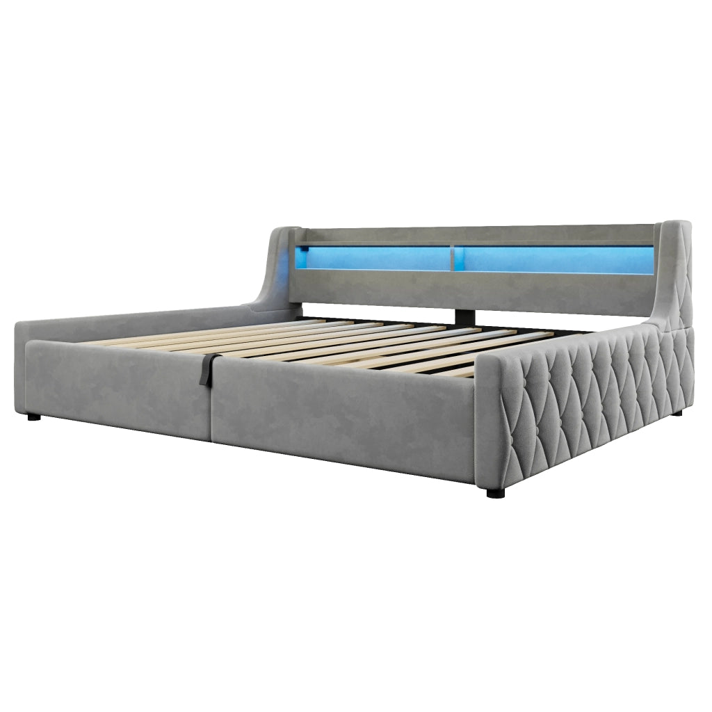 Letto Singolo 140x200 cm con Contenitore; LED Multicolore; in Flanella; Grigio