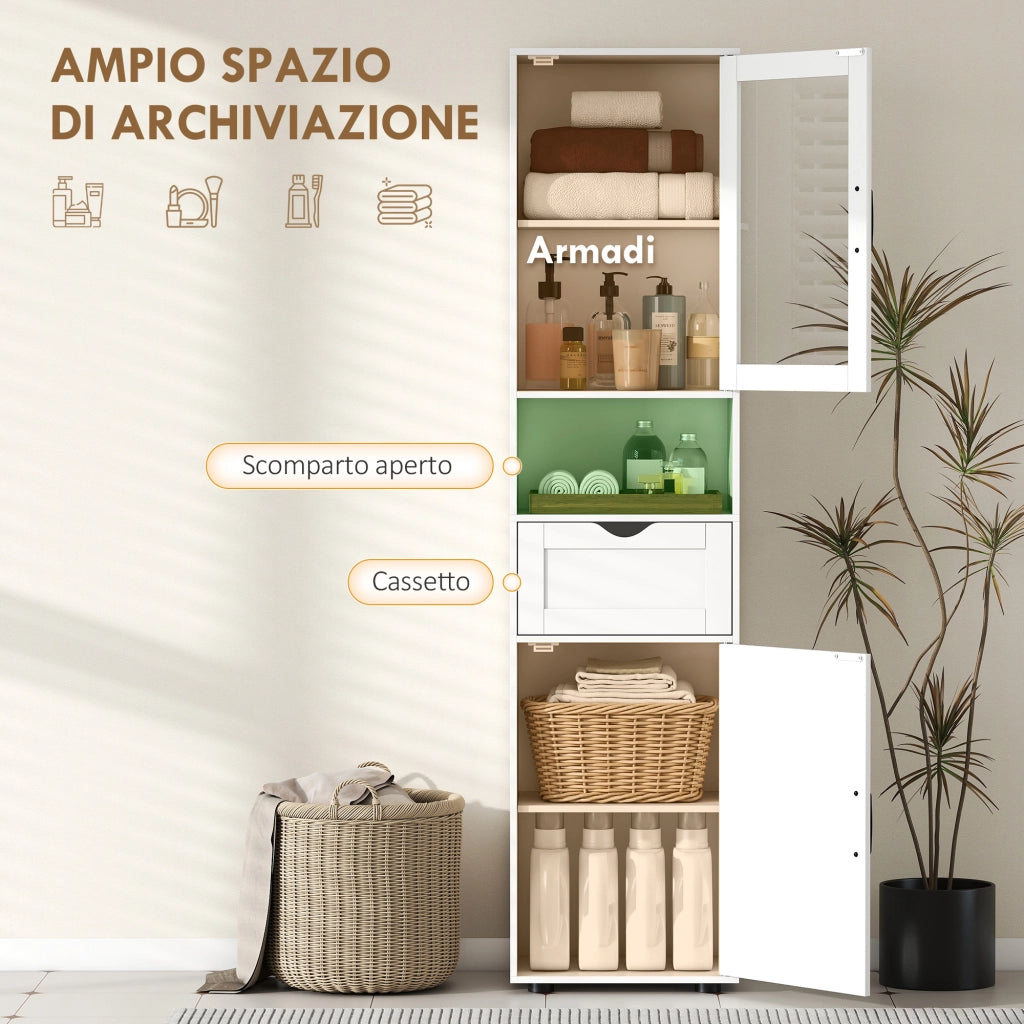 Colonna Bagno in Legno con 2 Armadietti, Cassetto e Ripiano Aperto, 40x30x165 cm, Bianco