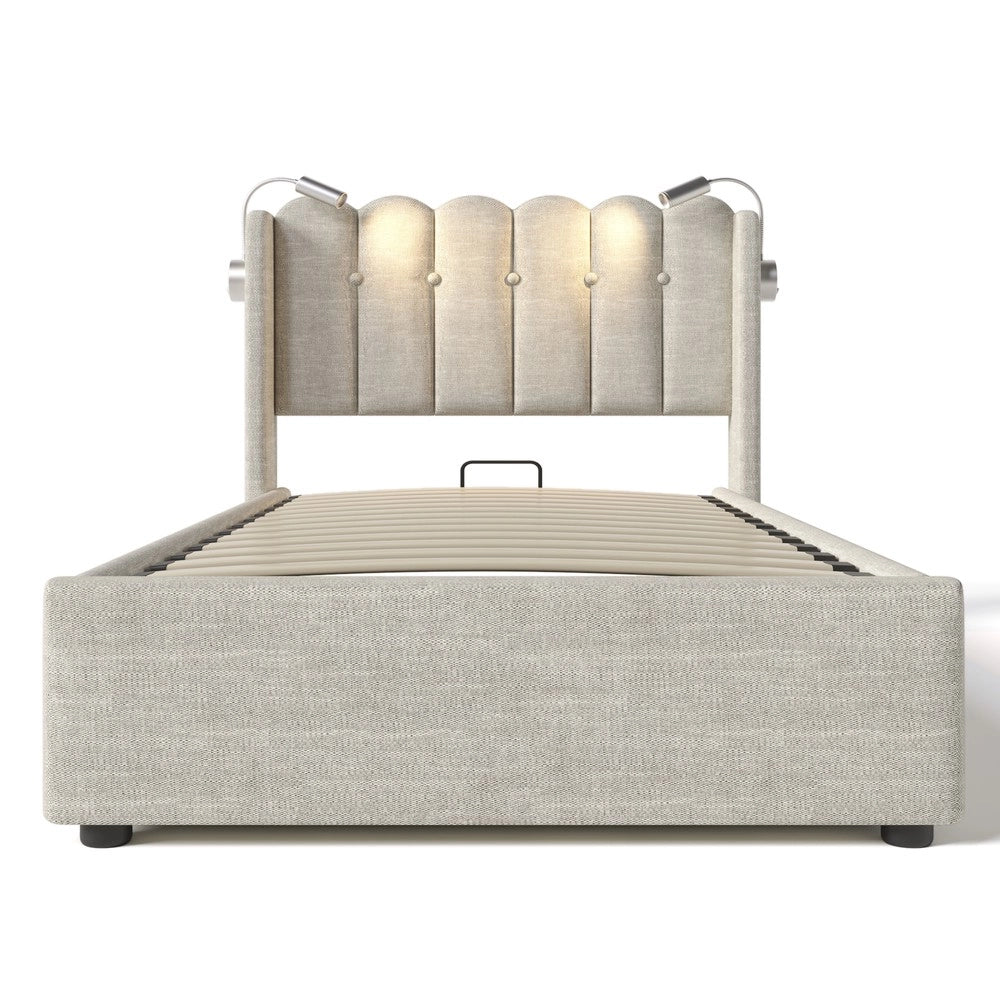 Letto Singolo Imbottito con Testiera LED e Contenitore ¨C MINIMAL ¨C Lino 90x200 con materasso