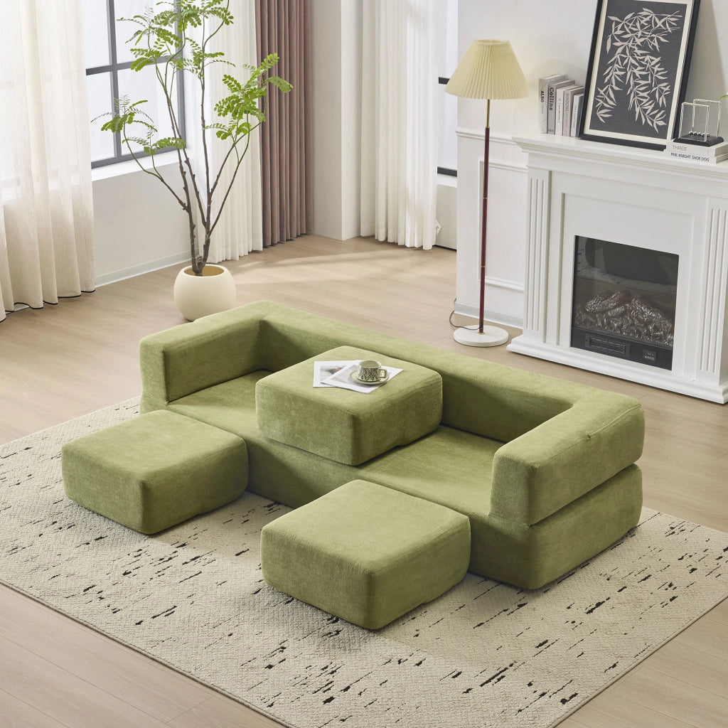 DIVANO LETTO Modulare multifunzione in chenille verde