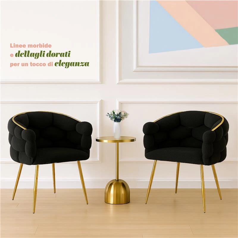 SET 2 POLTRONE IMBOTTITE IN TESSUTO TEDDY CON STRUTTURA IN METALLO ORO DIMENSIONI 71X46X82H CM COLORE NERO