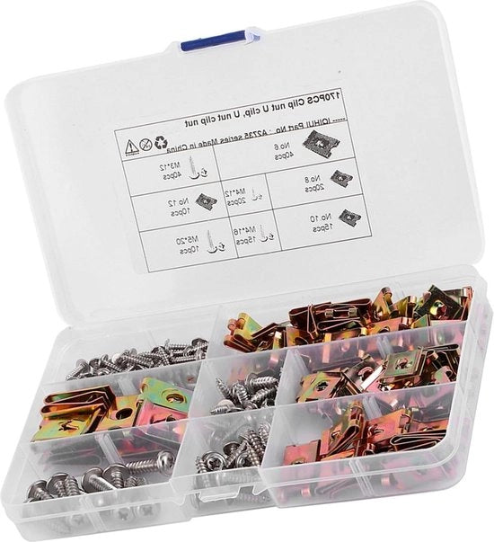 Assortimento di clip U e viti per auto - clip U per carrosserie in acciaio - clip di fissaggio per pannelli di carrozzeria.