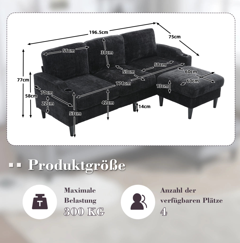 Divano 4 posti con pouf contenitore in chenille nero; porta-bevande e tasche laterali HOMVRA