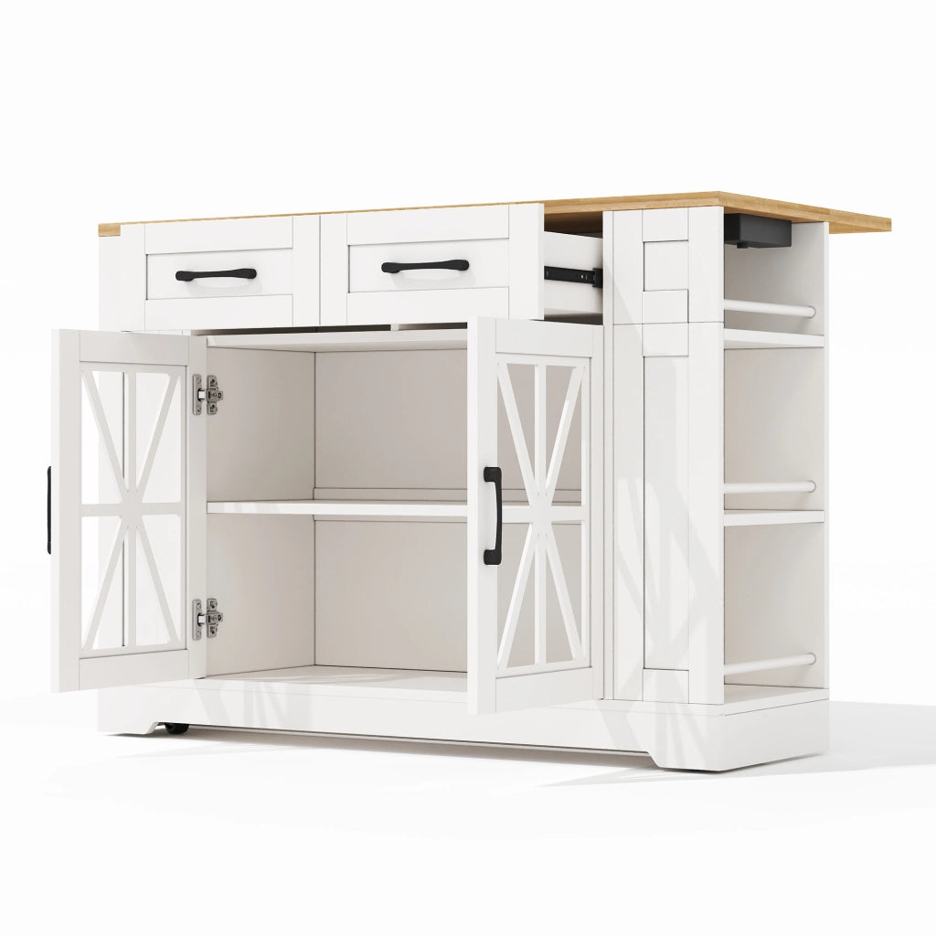 Isola da Cucina Mobile 120x40/65x92 cm con Piano Ribaltabile; 2 Prese; 2 USB; Ante in Vetro e Ruote