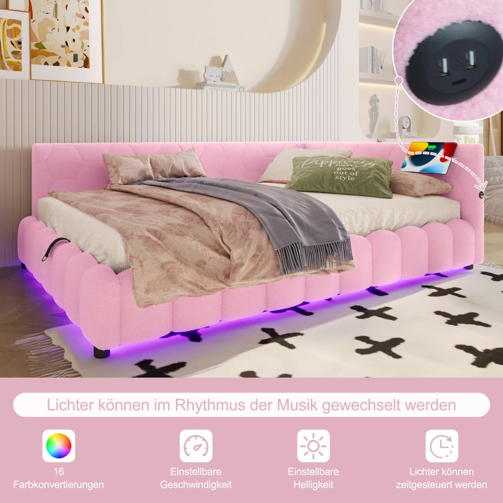 Letto singolo contenitore 90×200 cm con LED; USB; Type-C e rete sollevabile; senza materasso; in velluto rosa