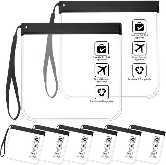 Set di 6 contenitori trasparenti, approvati per gli aeroporti, impermeabili e senza perdite, borsa di 1 litro approvata da TSA per bagagli a mano in aereo, borsa per bagagli a mano, gadget da viaggio, 20x20cm nero con manico.