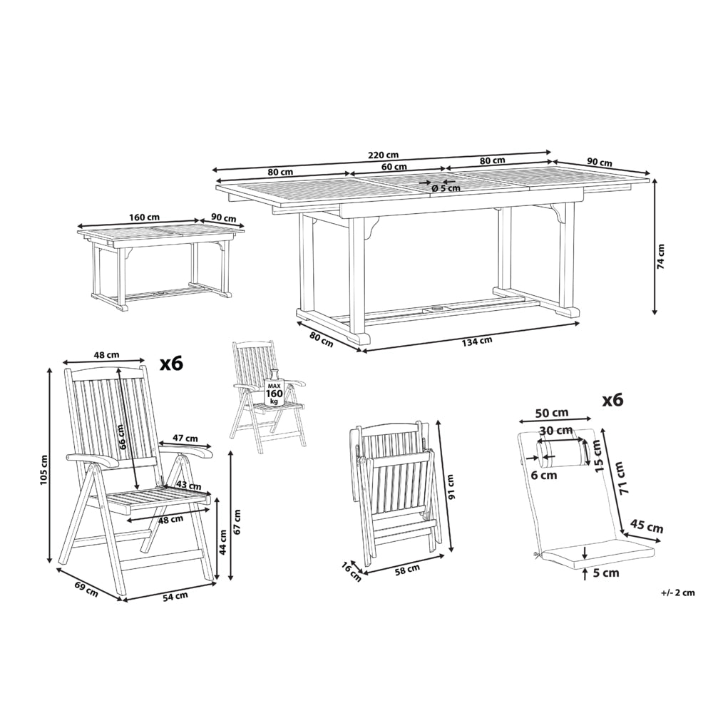 Set da pranzo da giardino in legno di acacia con cuscini bianco sporco 6 sedie pieghevoli regolabili stile country per esterni