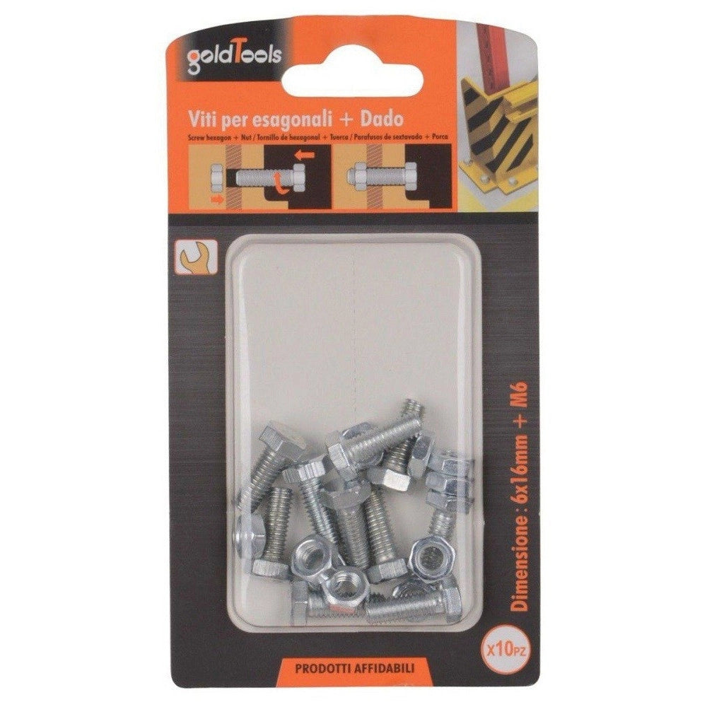 Trade Shop - Set 10 Pz Vite Viti Per Esterno A Testa Esagonali 6x16mm Con Dadi Dado M6 90914 -
