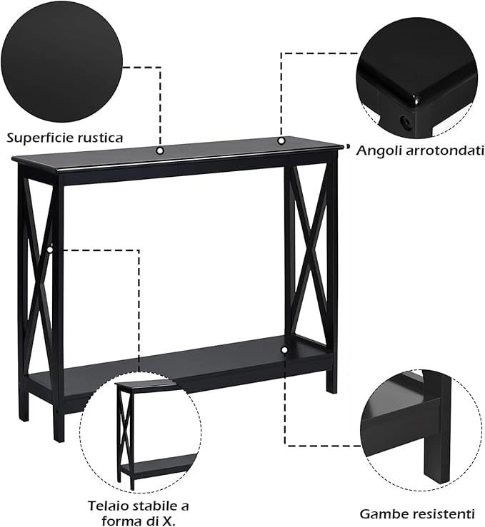 Tavolo Consolle a 2/3 Ripiani, Tavolo d’Ingresso in Legno, Mobile Multifunzionale per Soggiorno e Corridoio, 100 x 30 x 80cm, Portata Massima 30 kg (2 Ripiani, Nero)