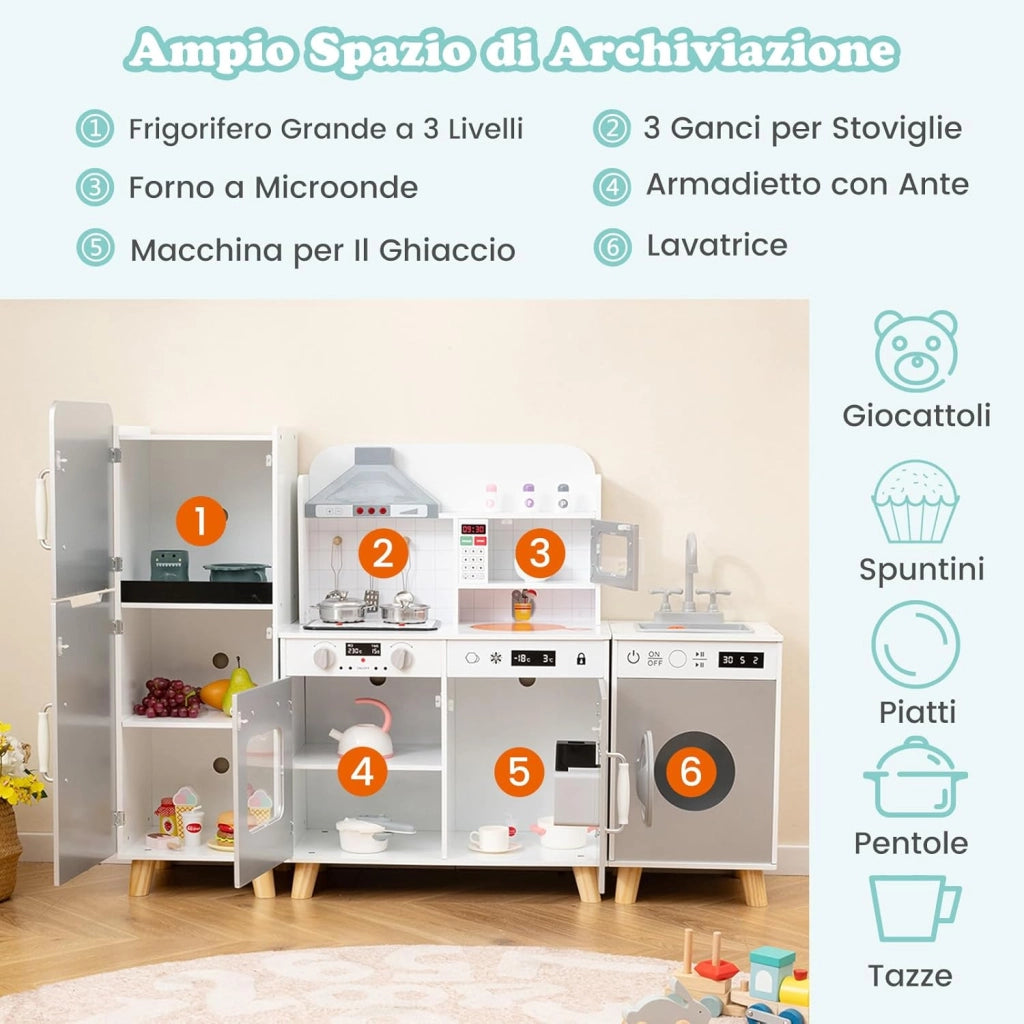 Cucina Giocattolo per Bambini, Cucina per Bambini con Frigorifero, Macchina del Ghiaccio, Lavatrice, Forno, Microonde, Lavello e Rubinetto, Con Luci e Suoni, per Bambini 3+ Anni (Grigio)