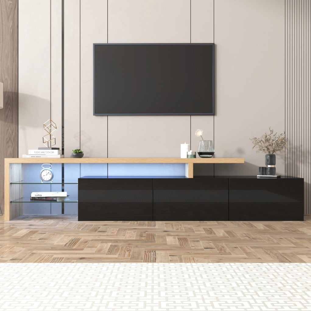 Mobile TV 197;5 cm in MDF e vetro; 3 scomparti; LED a 7 colori con app; nero e legno