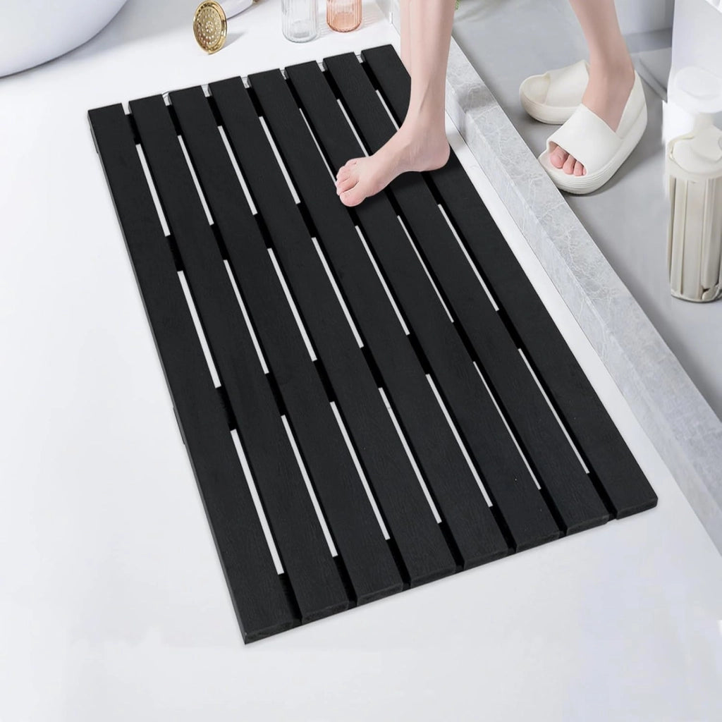 Tappetino doccia antiscivolo, griglia per esterni e interni, 100 x 60 cm, materiale WPC impermeabile e robusto, finitura effetto legno, carico 150 kg, per bagno, piscina, ingresso, nero
