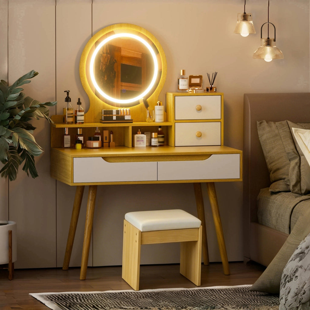 Set da toeletta con sgabello imbottito, specchio con illuminazione a LED, 2 cassetti e finitura effetto legno