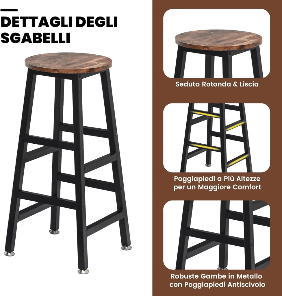 Set di Tavolo e 2 Sgabelli da Bar con Struttura in Legno e Metallo | Tavolo da Pranzo e Colazione a 3 Ripiani per Sala da Pranzo e Cucina, Marrone Rustico