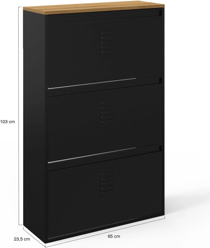 ESTER Zapatero de 3 puertas y 18 pares de metal negro con tapa de madera de diseño industrial