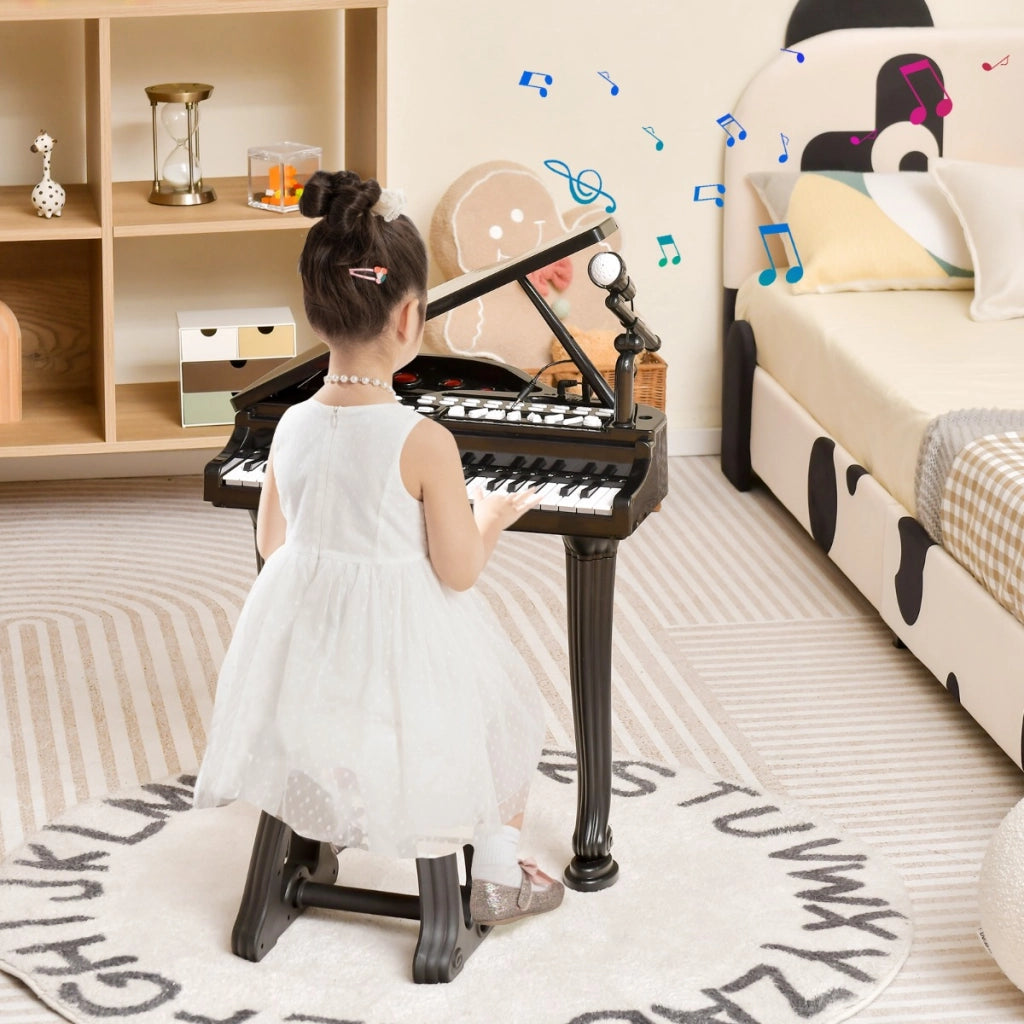 Tastiera a 37 tasti per bambini con sgabello, Pianoforte giocattolo multifunzionale portatile con microfono Nero-Tastiere elettriche