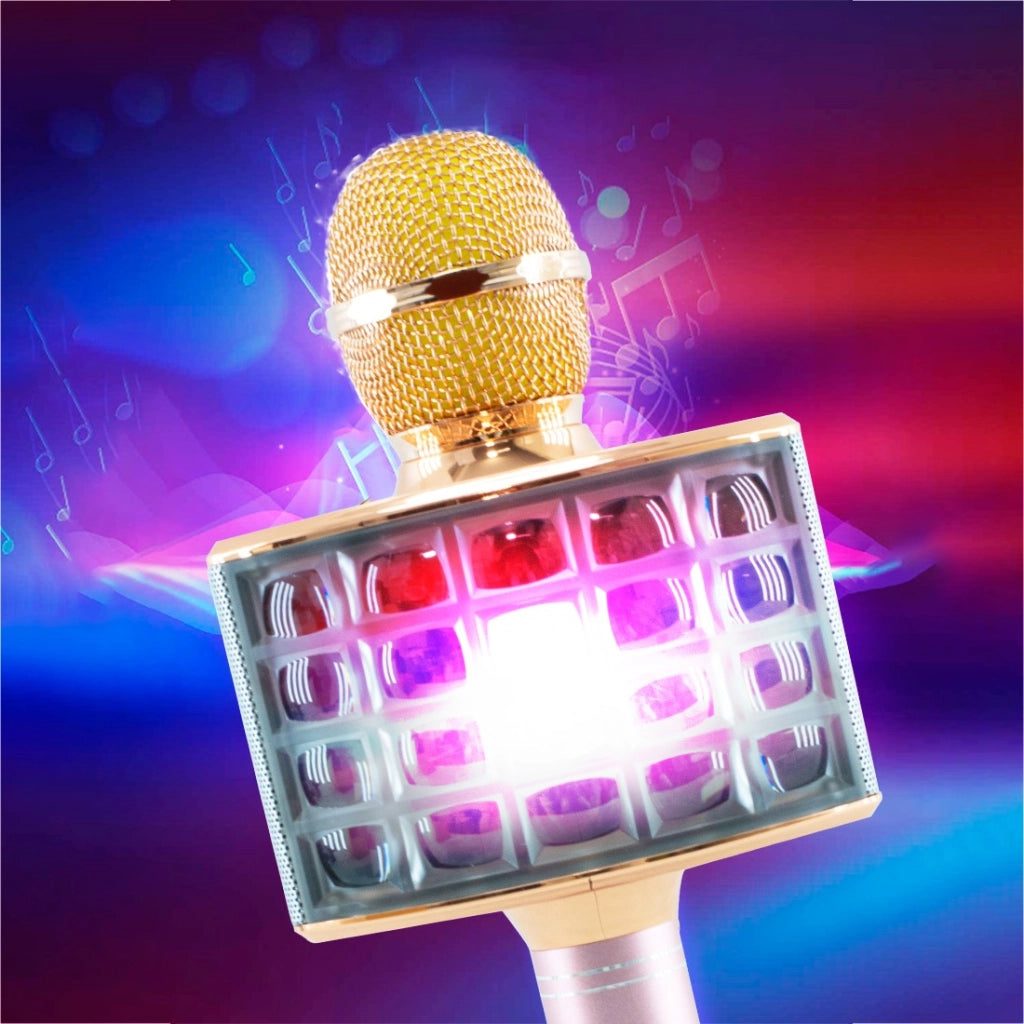 Microfono Karaoke Wireless con Luci Led Registra Canta e Riproduce Musica Rosa