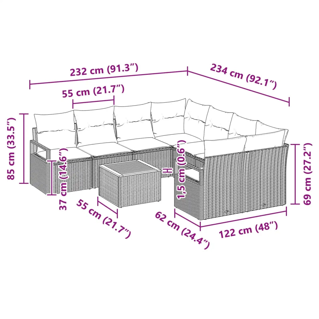 Set Divano da Giardino con cuscino 9 pcs Nero polyrattan