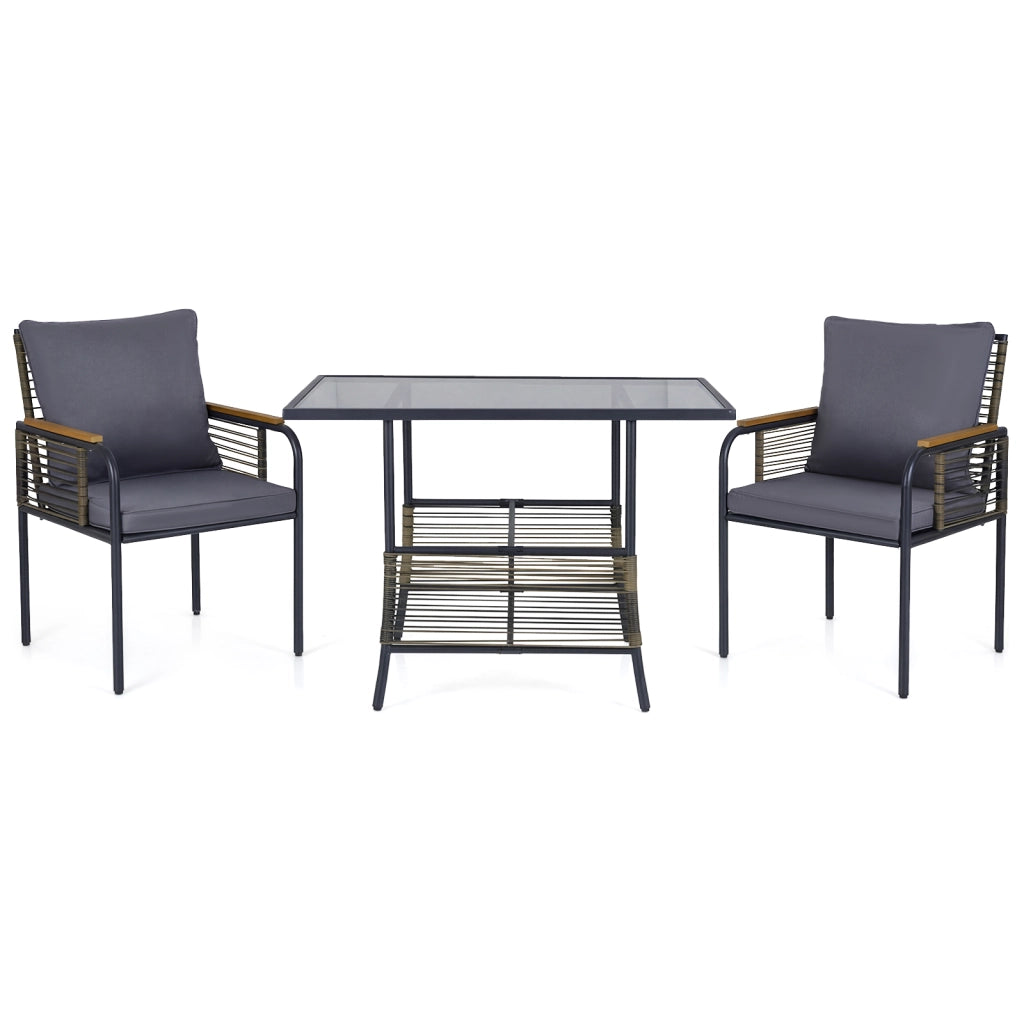 Set bistro vimini 3 pezzi rattan tavolo rettangolare sedie-Set pranzo esterni salvaspazio cuscini patio balcone veranda Grigio