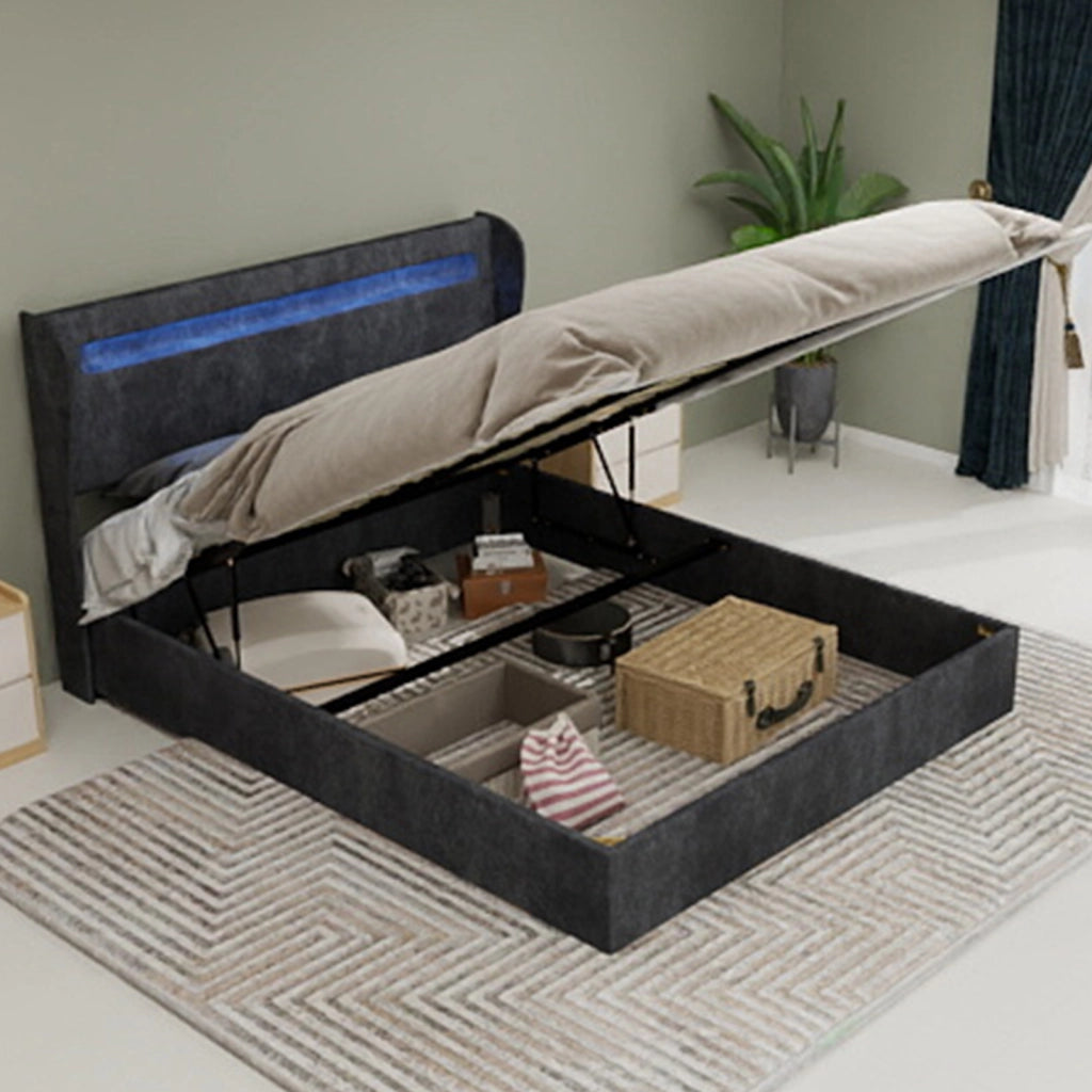 Letto Basso 140x200 cm; LED Regolabile e Schienale Regolabile - in Tessuto e Metallo - Grigio
