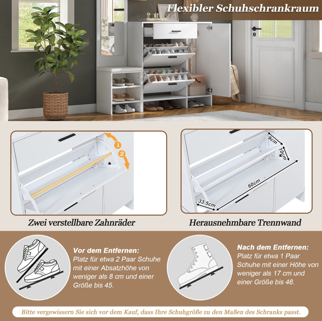 Mobile ingresso multifunzione 140x30x200 cm con specchio; scarpiera; ganci e panca; bianco