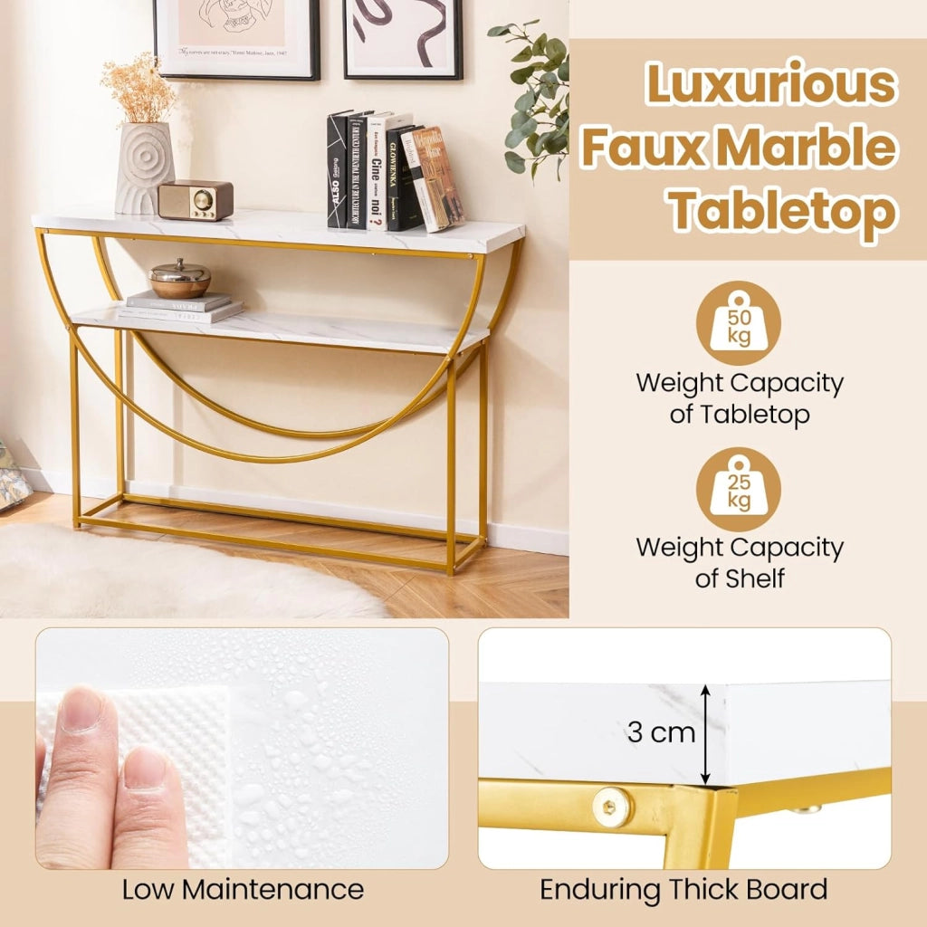 Tavolo consolle a 2 livelli, 120 x 30 x 80,5 cm, effetto marmo e telaio in metallo, tavolino ausiliario stretto per ingresso, corridoio e soggiorno