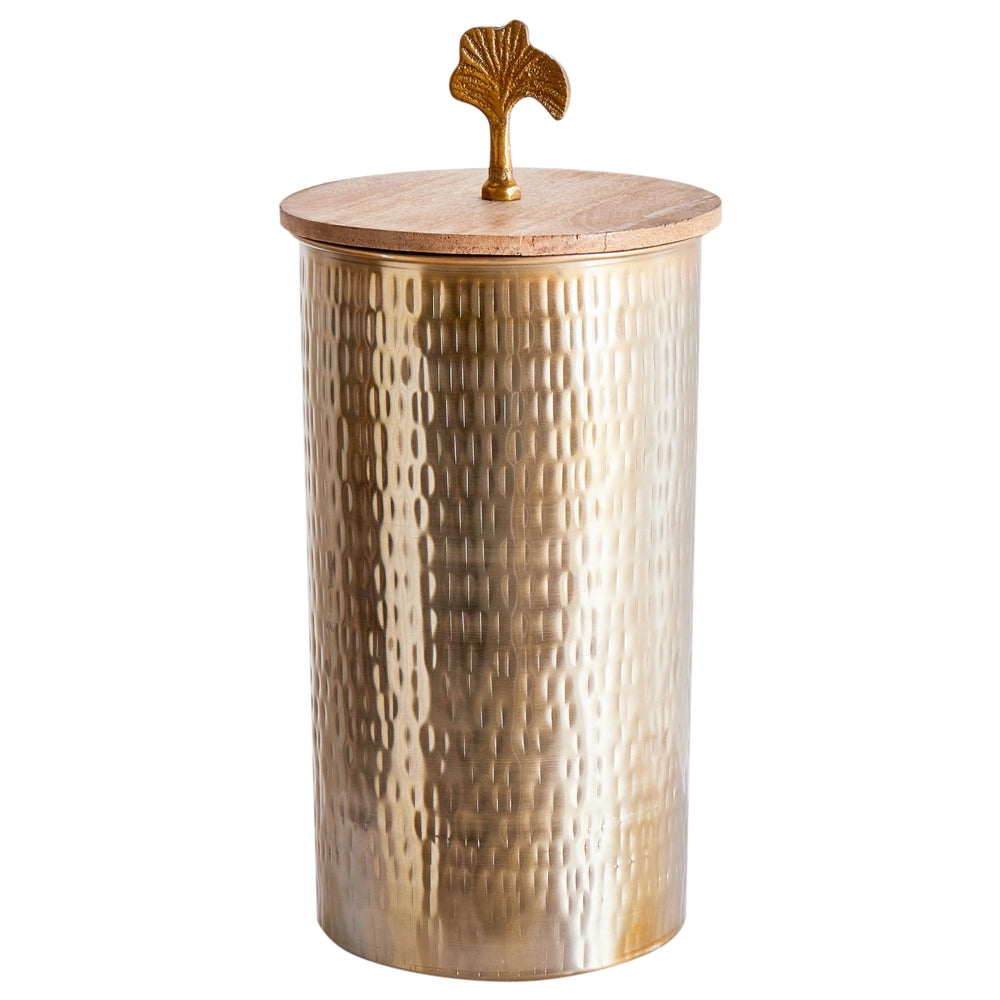 Contenitore decorativo in metallo dorato con coperchio in legno rotondo per contenitore industriale glamour