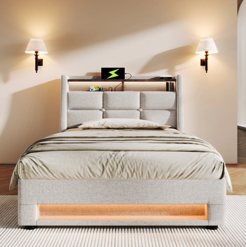 Letto matrimoniale imbottito 90x200 cm con LED e USB; in tessuto lino beige chiaro