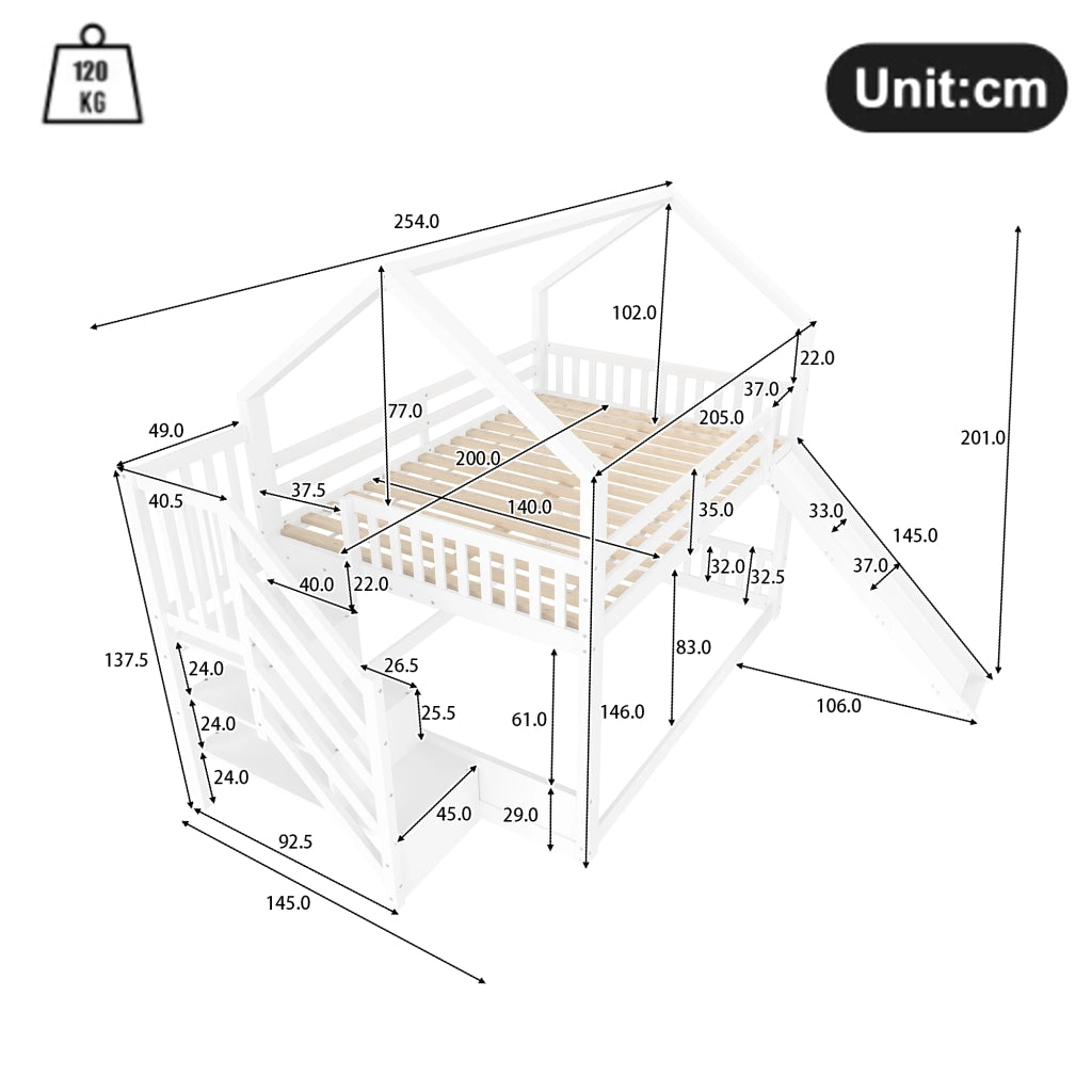 OKWISH Letto a Castello Casetta 140×200 cm, Letto Singolo con Scala Contenitore, Scivolo e Spondine, senza Materasso, Bianco