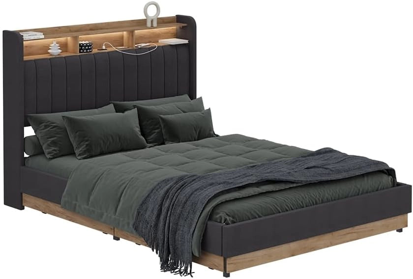 Letto imbottito Nura, Antracite/quercia, con 4 cassetticon porta di ricarica USB, illuminazione a LED e telecomando