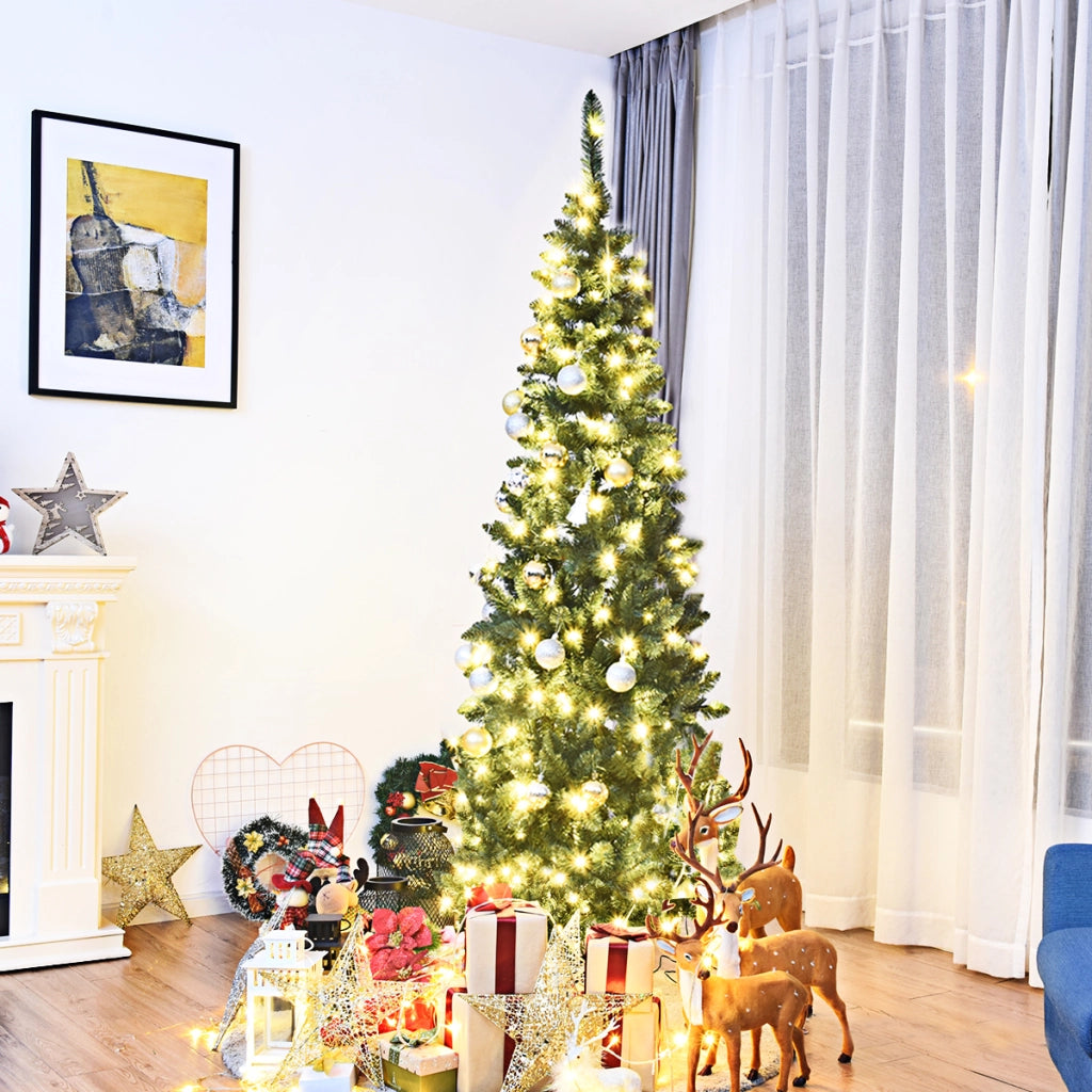 Albero di Natale 225cm con 1085 rami, Abete artificiale illuminato con base solida di metallo e 150 luci LED-Alberi di Natale