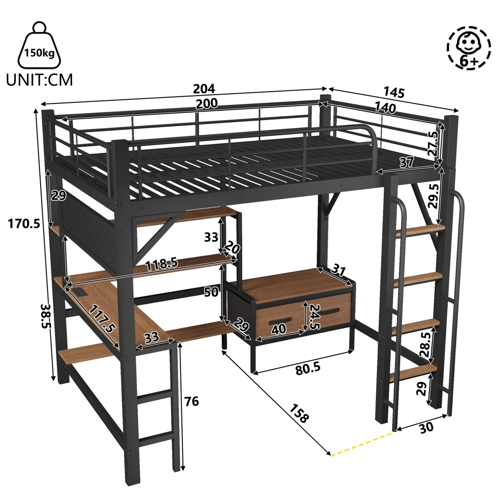 Letto a soppalco 140x200 cm con scrivania; LED e USB in MDF e metallo nero