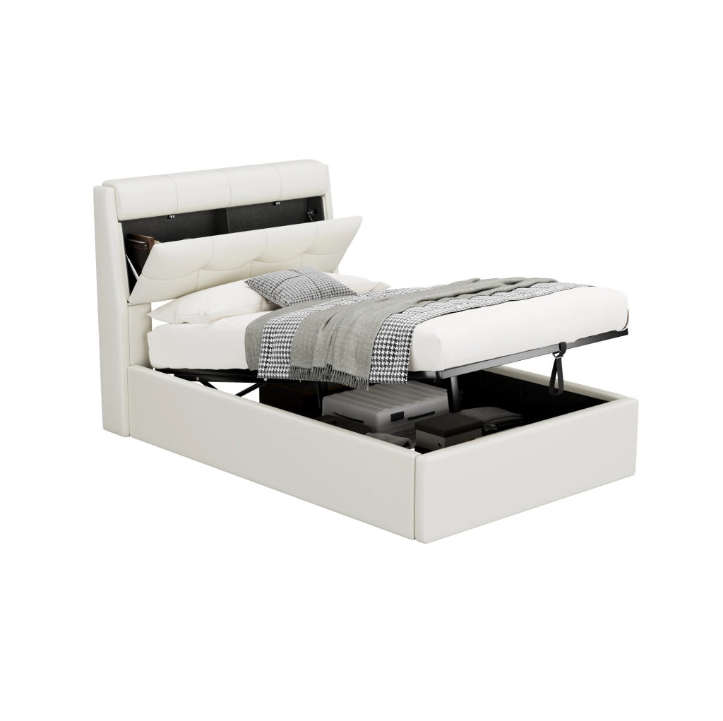 Letto imbottito 90x200 cm in PU bianco con sollevamento idraulico; contenitore e rete a doghe