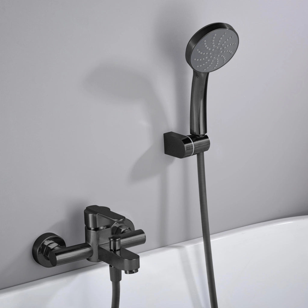 IMEX Miscelatore Vasca-Doccia Roma Nero Opaco in Ottone e Zama con Tubo Flessibile Metallico 180 cm Supporto Doccia ABS Maniglia Rotonda Cartuccia Ceramica Ø35 mm – Modello Imex-BDR001-4NG