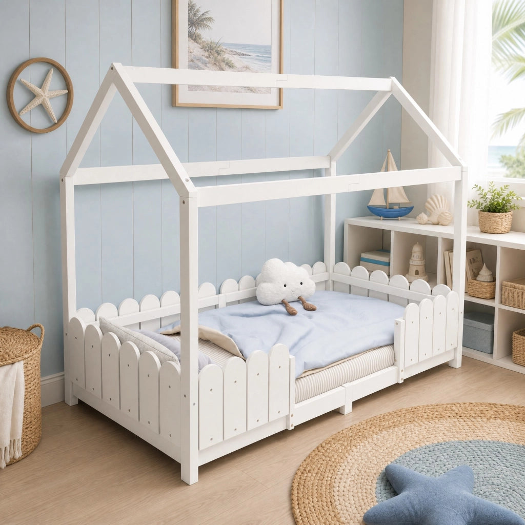 Letto a casetta 90x200 cm in legno per bambini con sponda di sicurezza e rete a doghe, bianco