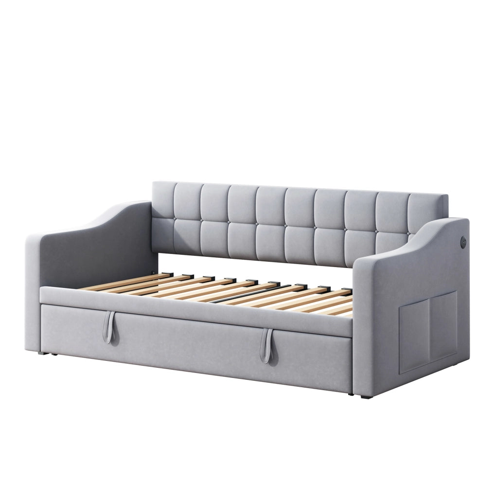 Letto imbottito estraibile 90x190 cm in velluto grigio chiaro con porte USB